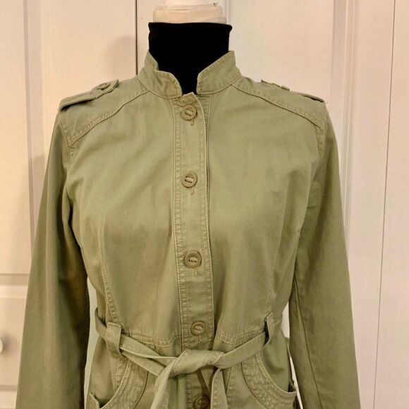 French Cuff Sage Green Button Front Cotton Belted Utility Jacket Medium - Picture 2 of 11